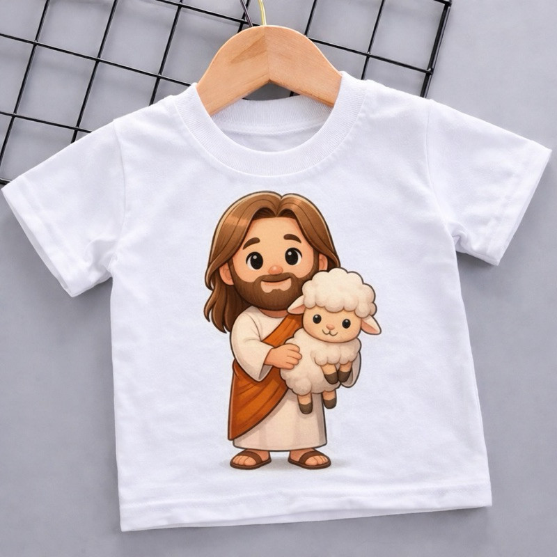 Camiseta Infantil Juvenil Estampa Religiosa Jesus Ovelha Confortável Estilosa