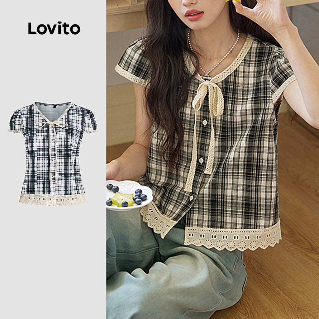 Lovito Blusa Casual Com Botões E Babados Gola Alta Primavera/verão Blusa Preta E Branca Para Mulheres L144AD014 em Oferta na Shopee