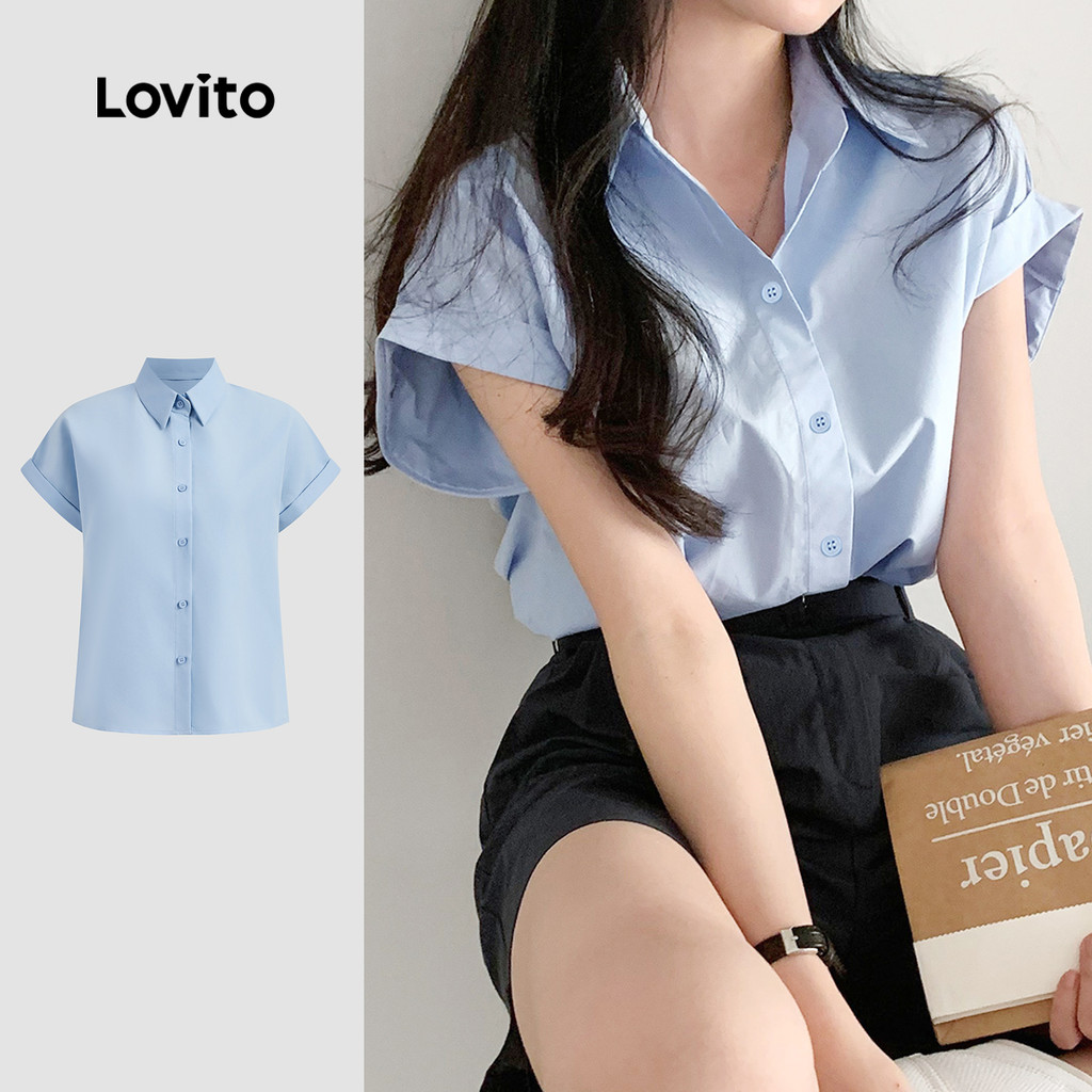 Lovito Blusa Casual Lisa Com Botões Frontais Para Mulheres L130AD046 em Oferta na Shopee