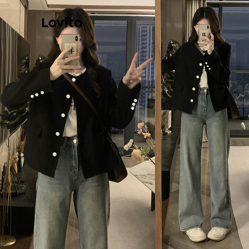 Lovito Jaqueta Casual Com Padrão Liso Para Mulheres LNA73411 em Oferta na Shopee