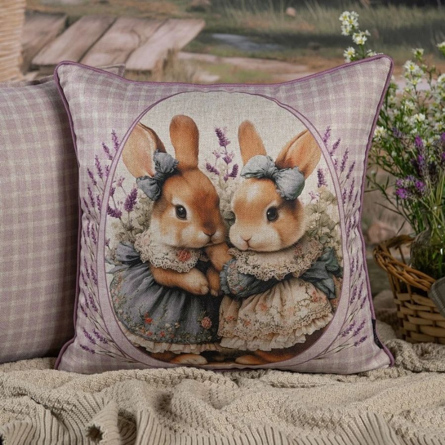 Capa para Almofada de Páscoa Premium - Coelhinhas de Vestido no Campo de Lavanda - Xadrez Lilás - 43x43cm - 1 unidade - em Oferta na Shopee