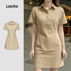 Lovito Casual Vestido Com Botões Cor Cáqui Primavera E O Verão Para Mulheres L171ED346