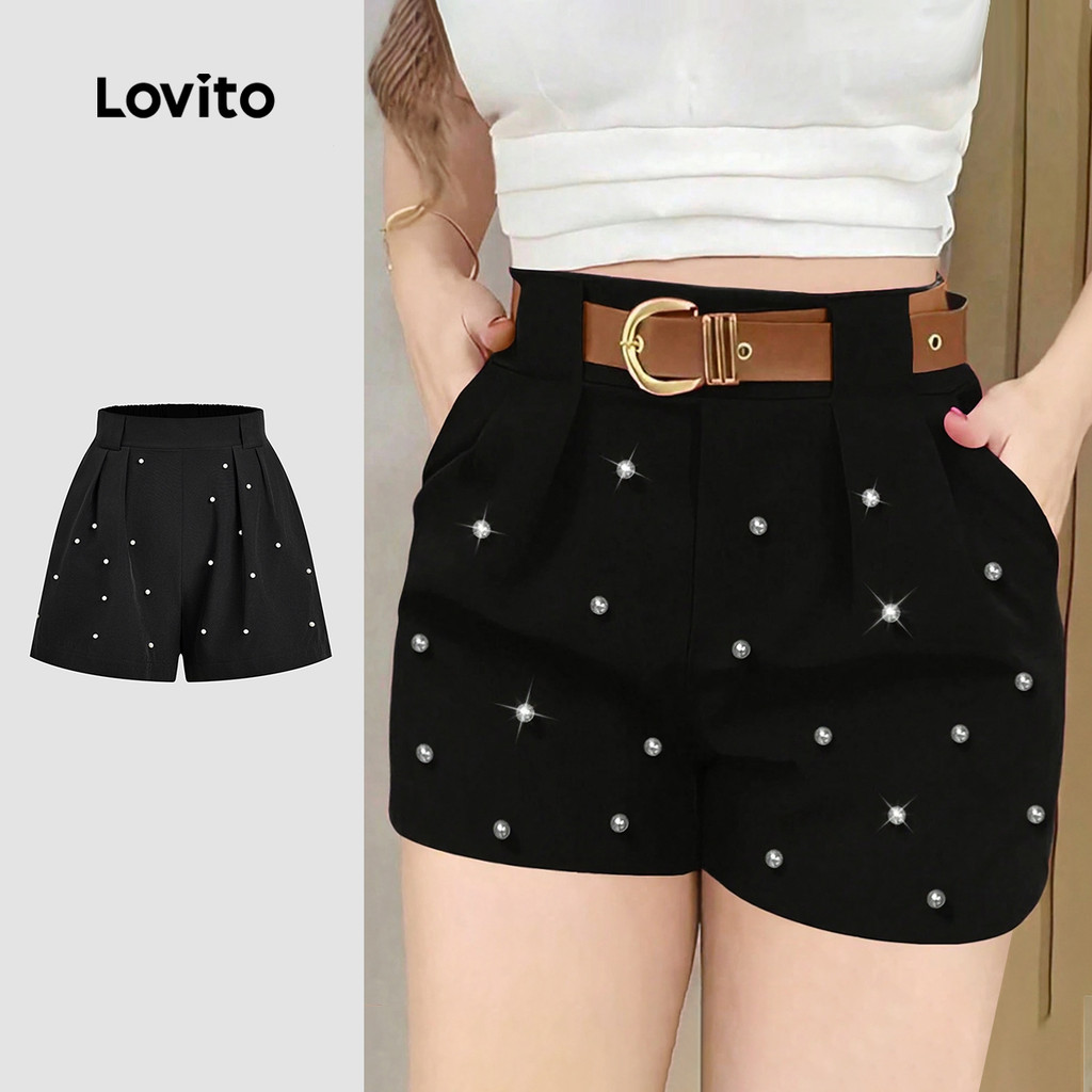 Lovito  Shorts Casuais Pérolas Plissados Primavera/verão Shorts Pretos para Mulheres L178LD110 em Oferta na Shopee