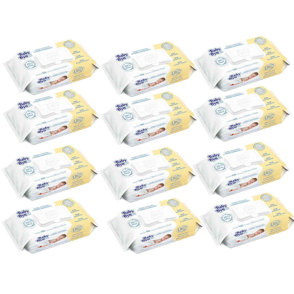 Kit Lenço/Toalha umedecida Baby Byn Recém Nascido (sem álcool) com 1200 un. - 12 pacotes com 100 un.