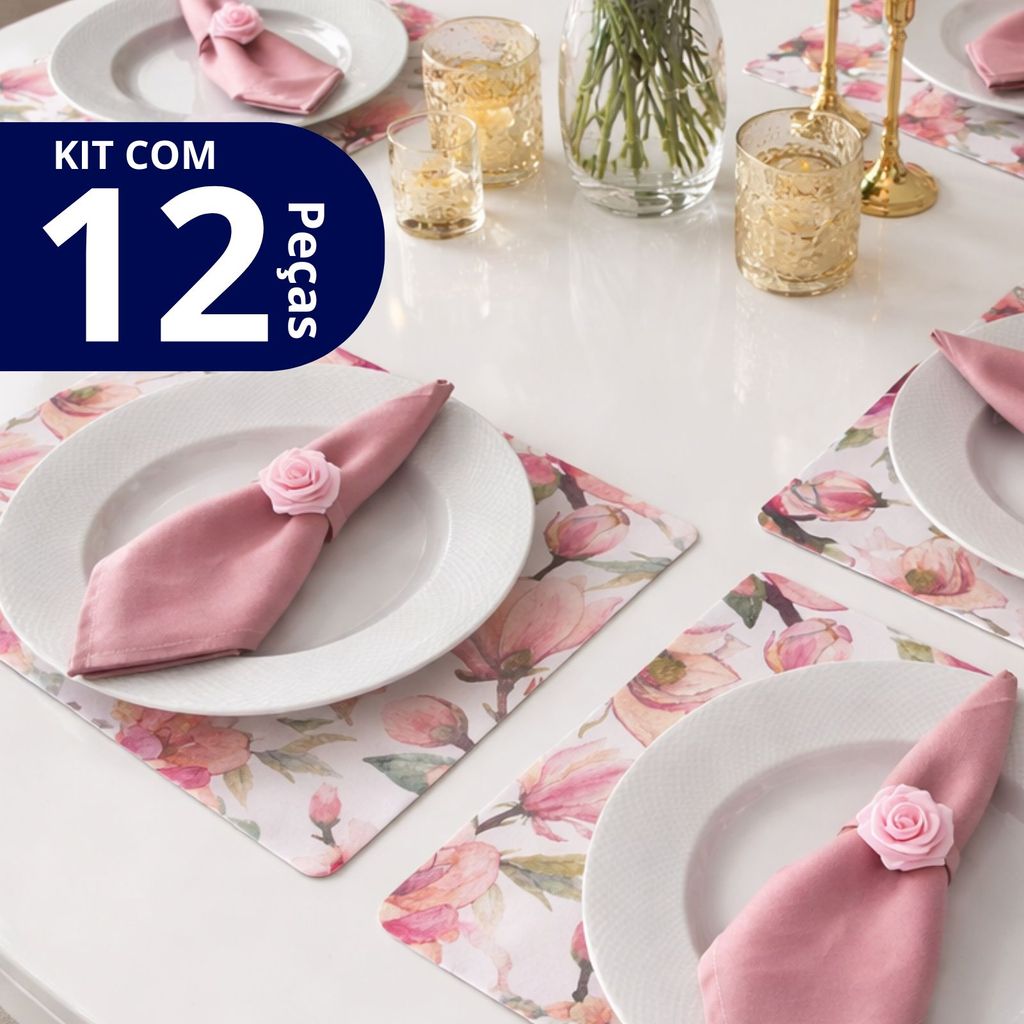 Kit Mesa Posta 12 Peças Jogo americano, Anel de Guardanapo e Guardanapo Floral