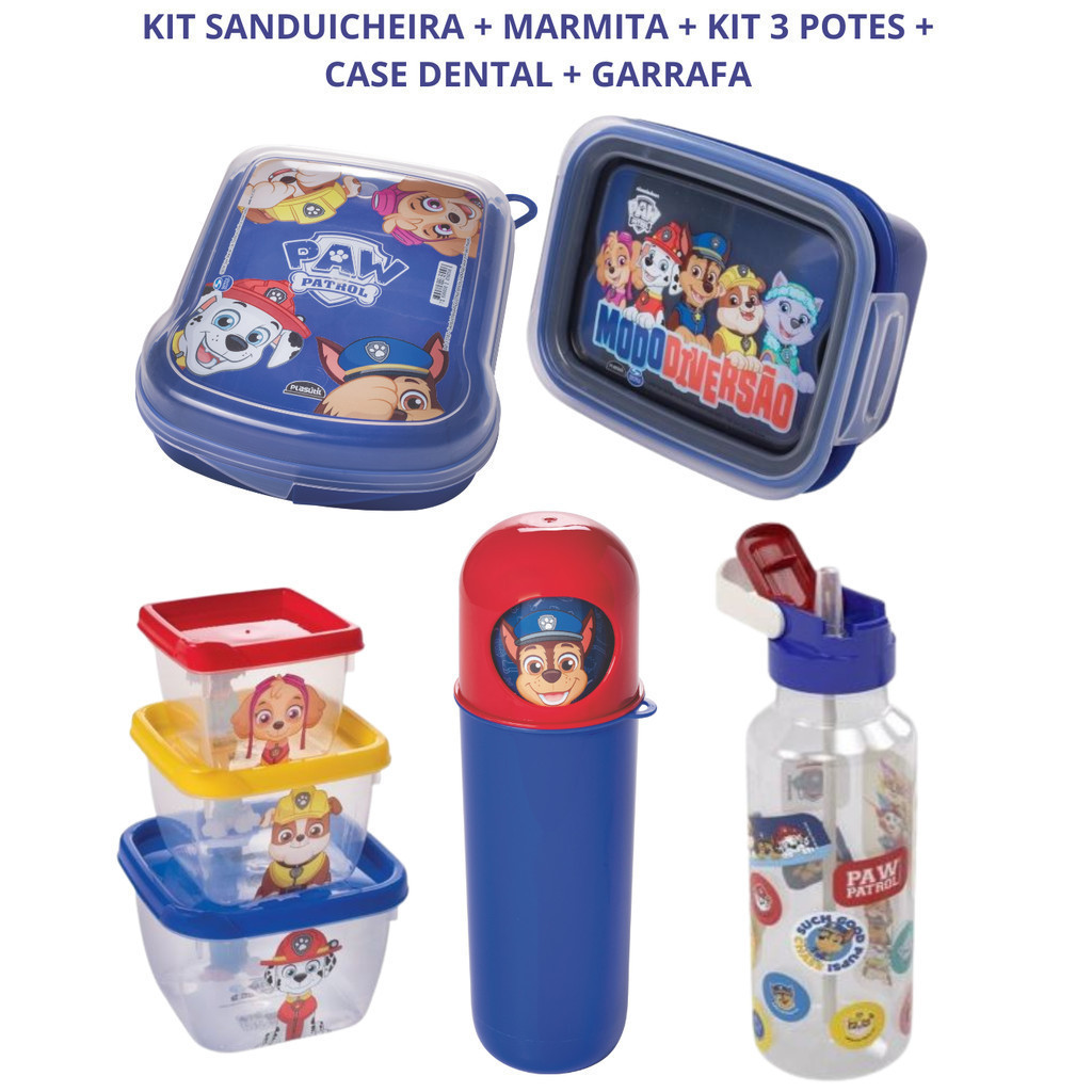 Kit completo 5 itens Patrulha Canina Garrafa +3 Potes +Marmita + sanduicheira +case dental Plasútil
