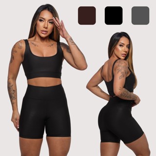 Conjunto Fitness  Feminino de Academia Short e top - Marrom, Cinza ou Preto em Oferta na Shopee