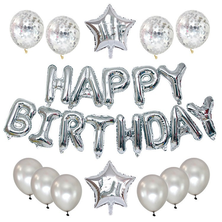 Kit Decoração Prata Happy Birthday Balões Metalizados Festa Aniversário 25 peças/conjunto