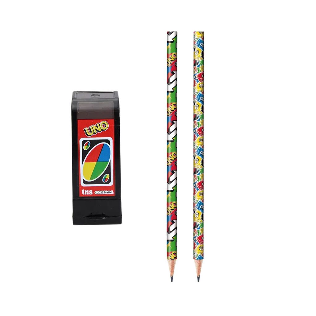 Kit UNO TRIS lápis e apontador material escolar diferente jogo volta as aulas presente