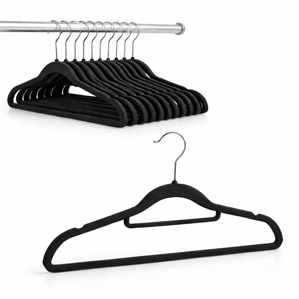 Cabide de Veludo Slim com Gravateiro 42cm Preto 10 pecas em Oferta na Shopee