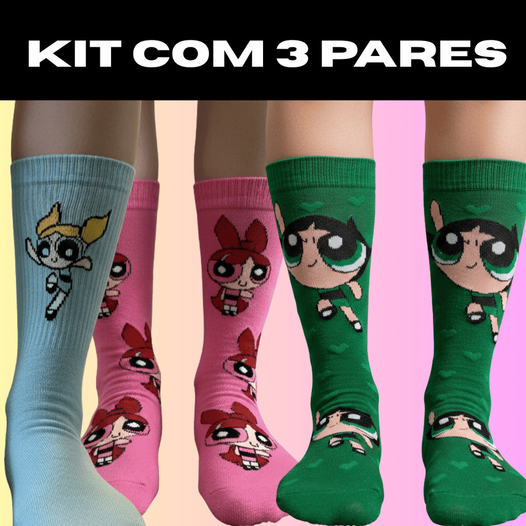 Kit 3 Pares de Meia Divertida e Engraçada Cano Longo Personagem Meninas Super Poderosas Algodão em Oferta na Shopee