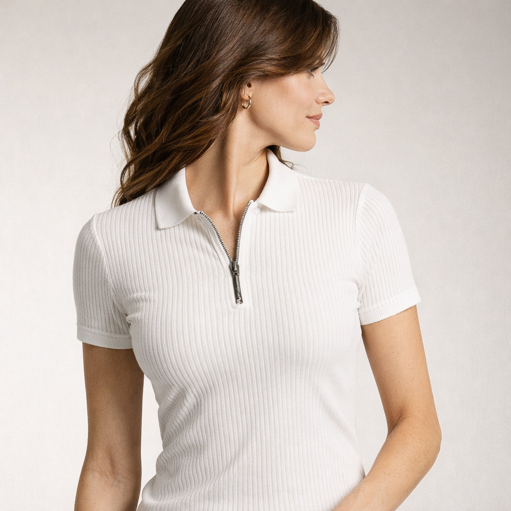 Camisa Polo Canelada Feminina  Manga Curta Elegante Com Ziper Malha Camiseta Premium em Oferta na Shopee
