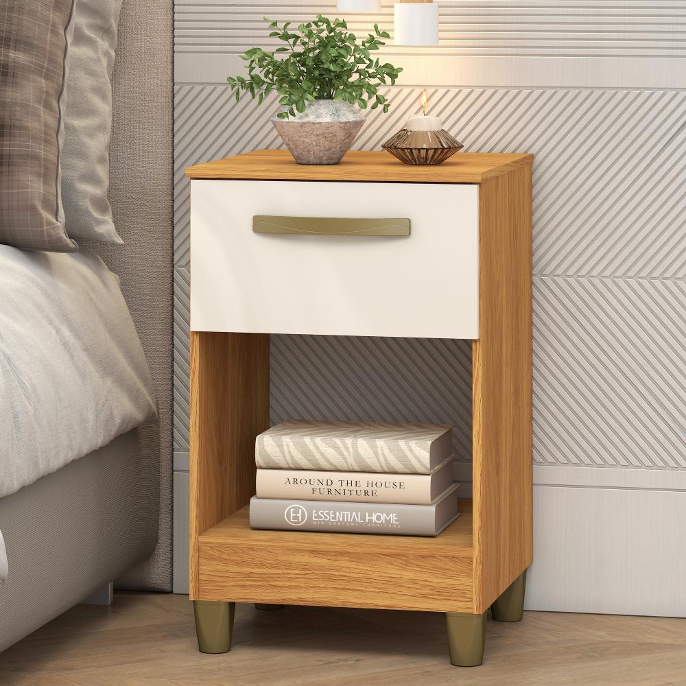 Mesa de Cabeceira 1 Gaveta 1 Nicho 40cm Prada MC210 Cor Cinamomo/Off White - Fellicci Móveis