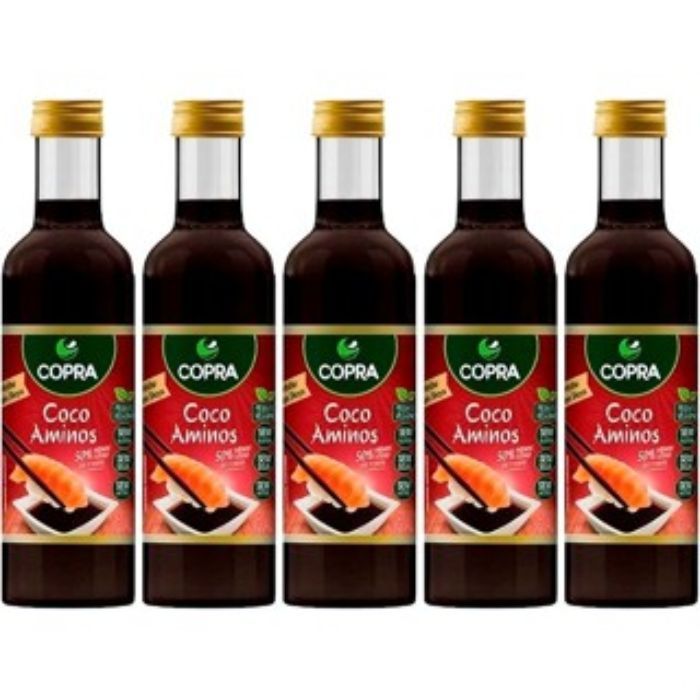 Shoyu de Coco Aminos Copra contendo 5 unidades de 150ml cada