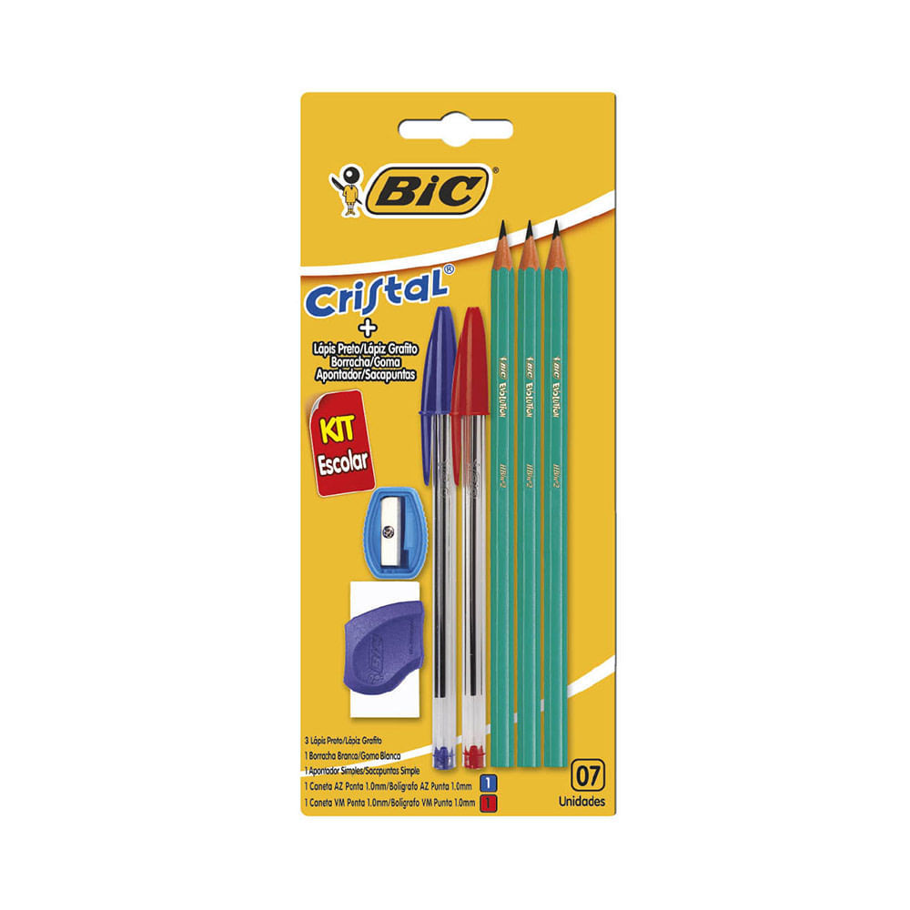 Kit Escrita Bic com 2 Canetas Cristal Azul e Vermelha, 3 Lápis Pretos, 1 Borracha e 1 Apontador em Oferta na Shopee