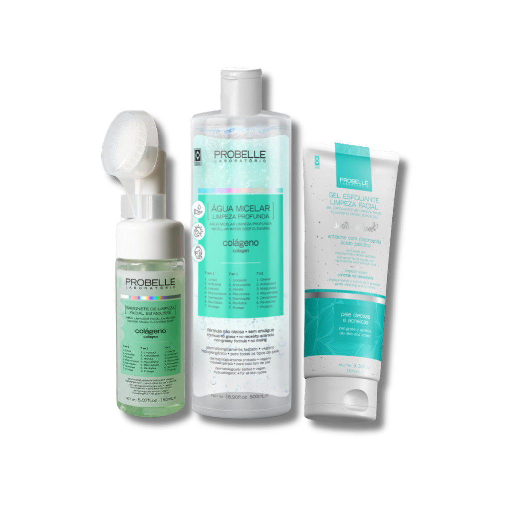 KIT Pele Care Probelle (Gel esfoliante + Mousse de Limpeza + Água Micelar)