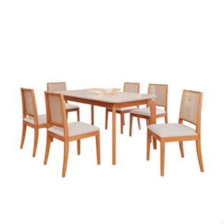 Conjunto de Mesa Retangular com Tampo de Vidro Off White Ficus e 6 Cadeiras Buriti Linho Cru e Madeira 180 cm em Oferta na Shopee