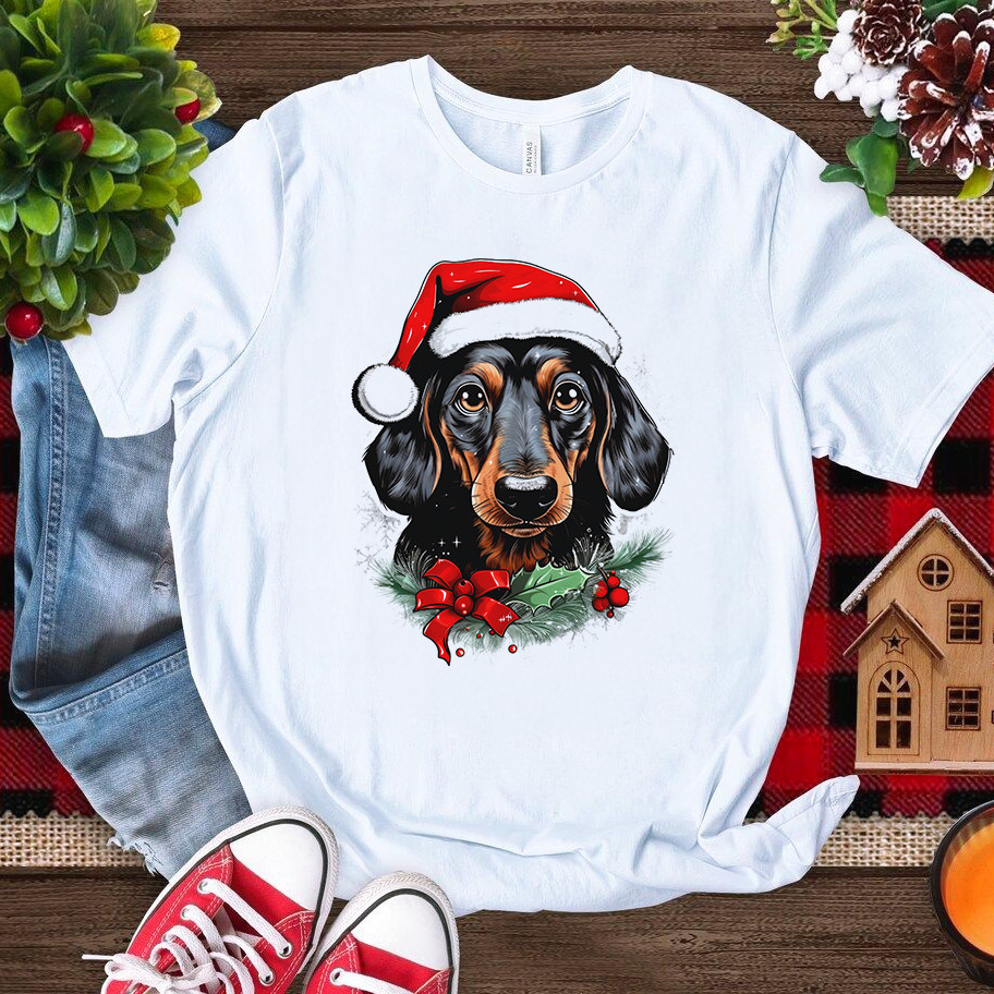 Camiseta 100% Algodão Premium 30.1 Unissex  Natal Ano Novo Cachorro Dachshund Estampas Variadas t-shirt Unissex Envio Ra