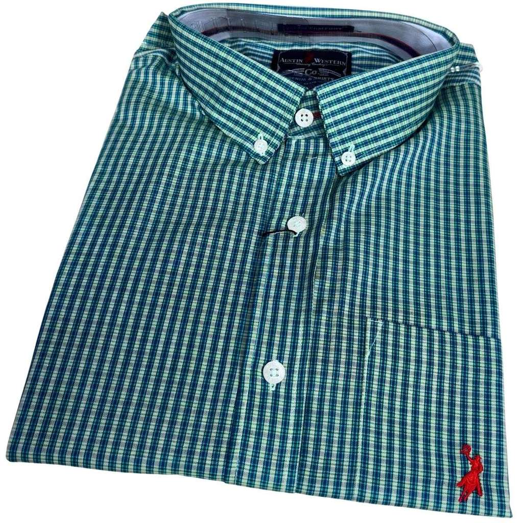Camisa Austin Masculina Xadrez Manga Curta Alto Relevo Bolso