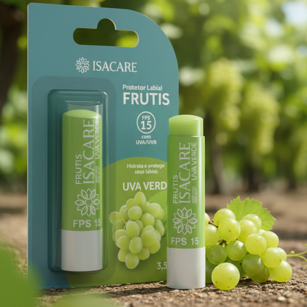 Protetor De Lábios Isacare Fruits Uva Verde Com Fps 15 Hidratação Proteção Solar Maciez Prático Leve