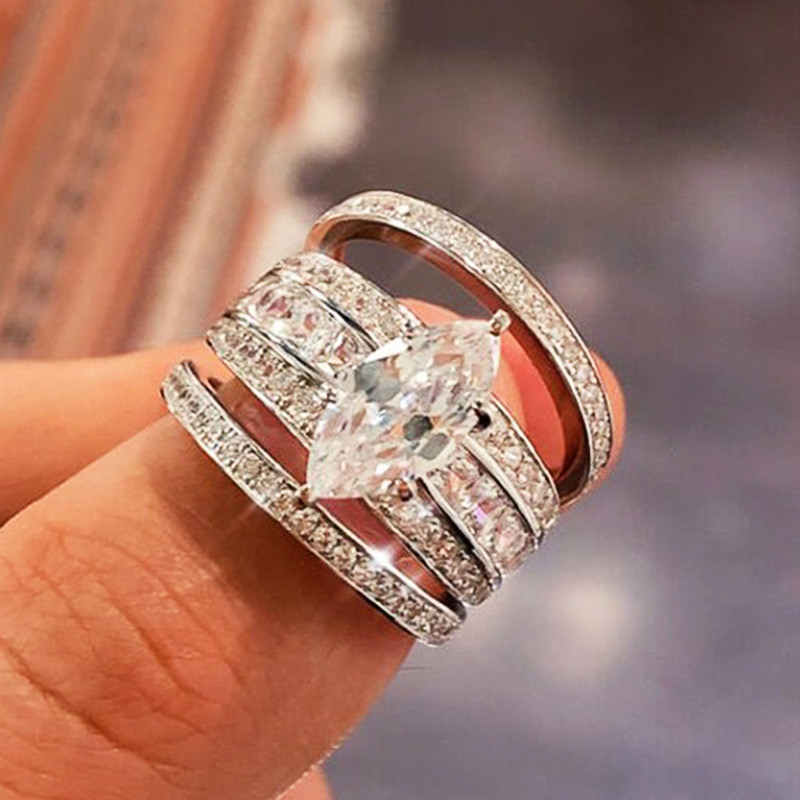 Anel de moda conjunto de três peças olho de cavalo anel geométrico luz luxo zircão acessórios noivado anel de casamento