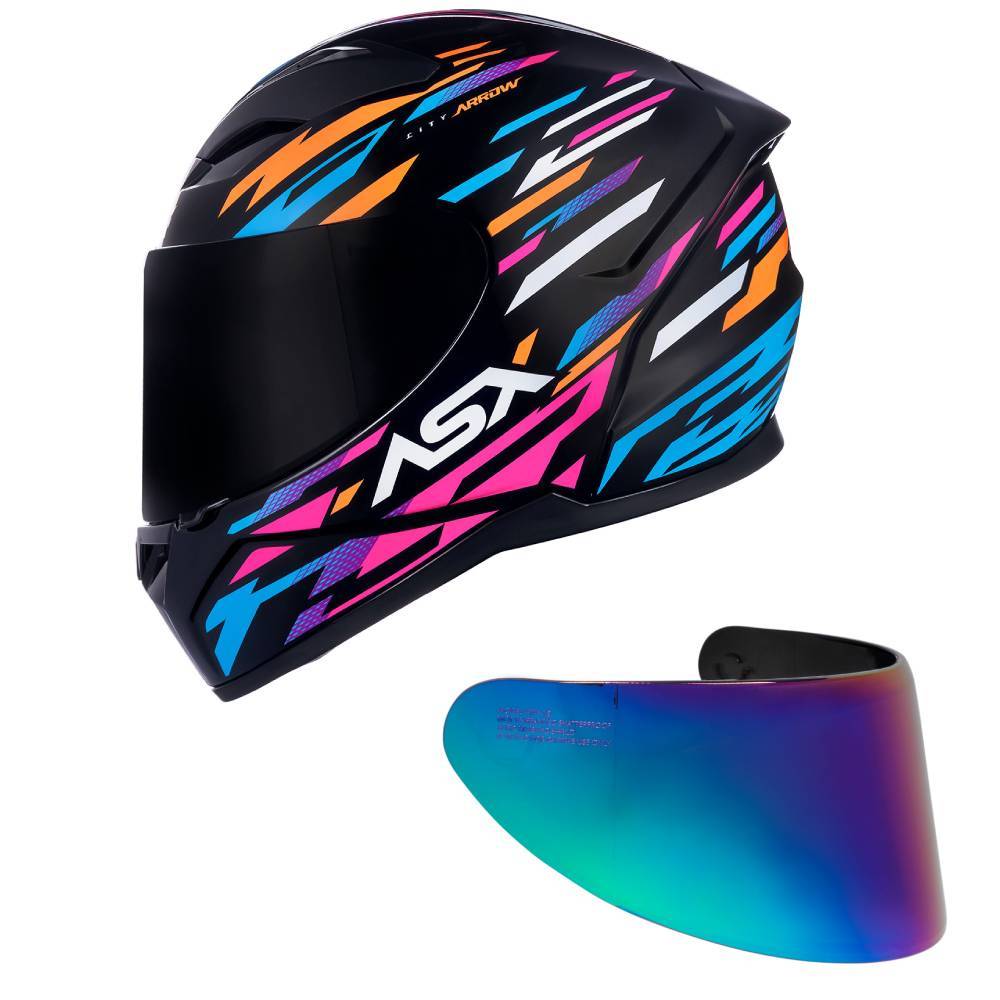 Capacete ASX City Arrow Preto Laranja e Rosa Mais Viseira Camaleão