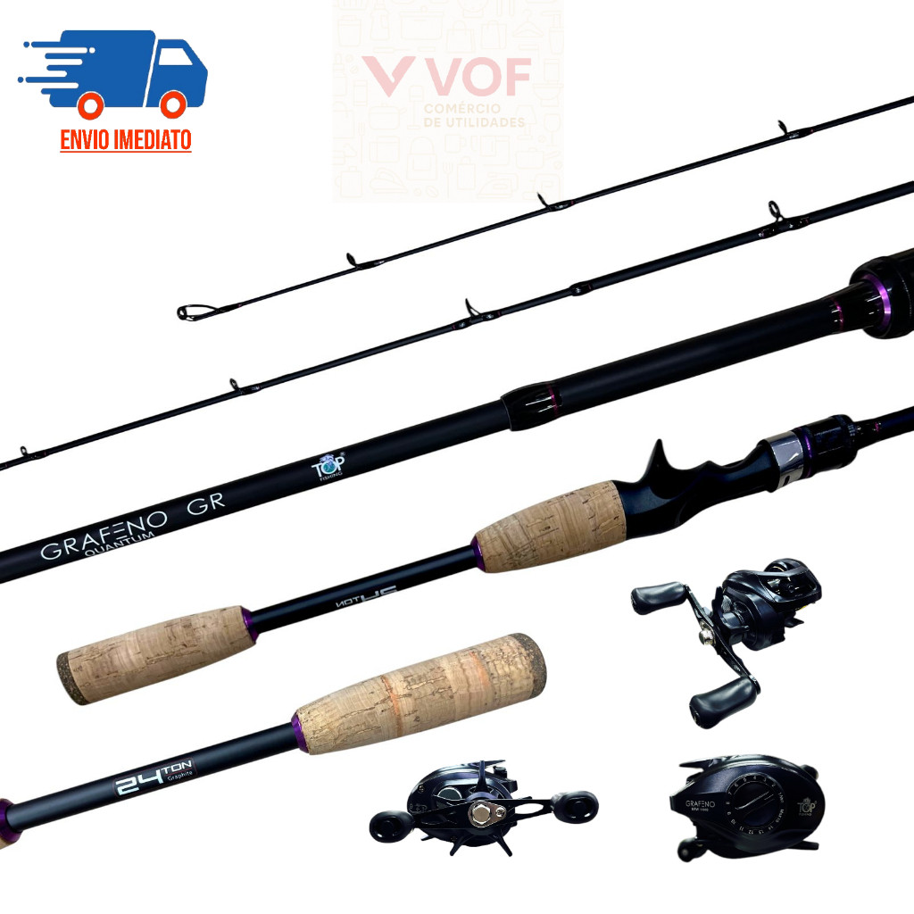 Kit Pesca 1 Vara TOP Grafeno QUANTUM 4 Partes P/Carretilha + TOP Carretilha Grafeno 10000 + 2 Iscas