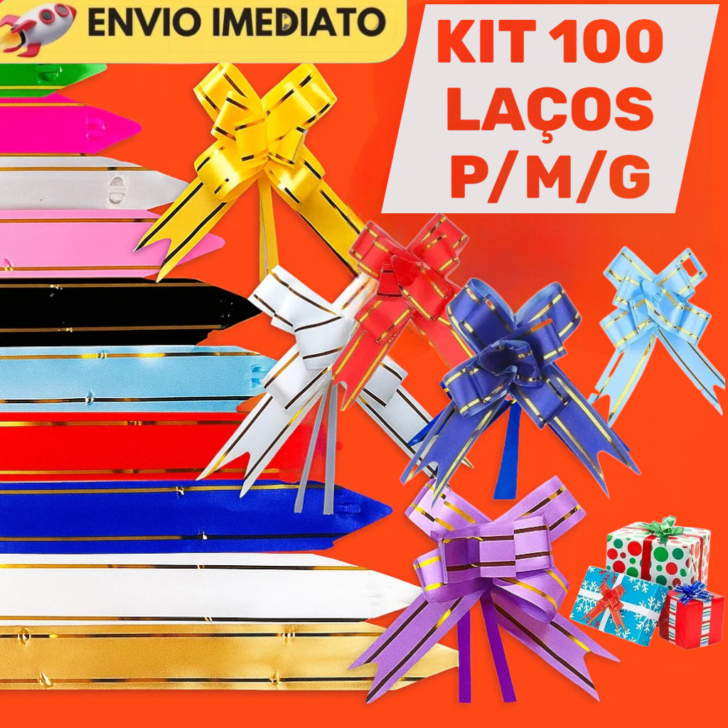 100 Laços Fácil Mágico c/ Filete Dourado P/M/G – Presente – Cores Variadas