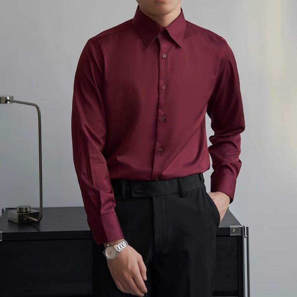 Versão coreana camisa preta masculina de manga comprida fino ajuste negócios Formal Wear masculino vinho vermelho camisa
