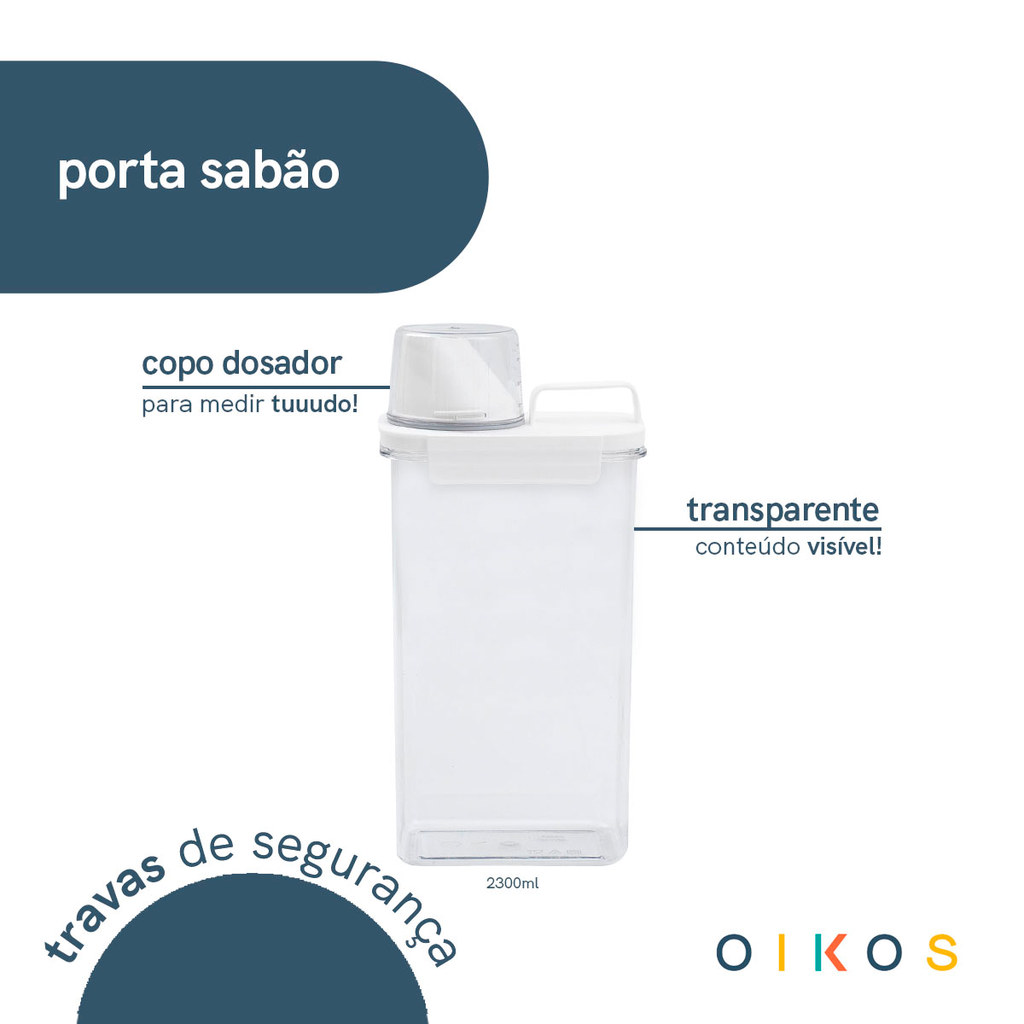 Porta sabão em pó 2,3L transparente com copo dosador e trava - Oikos · foto 2