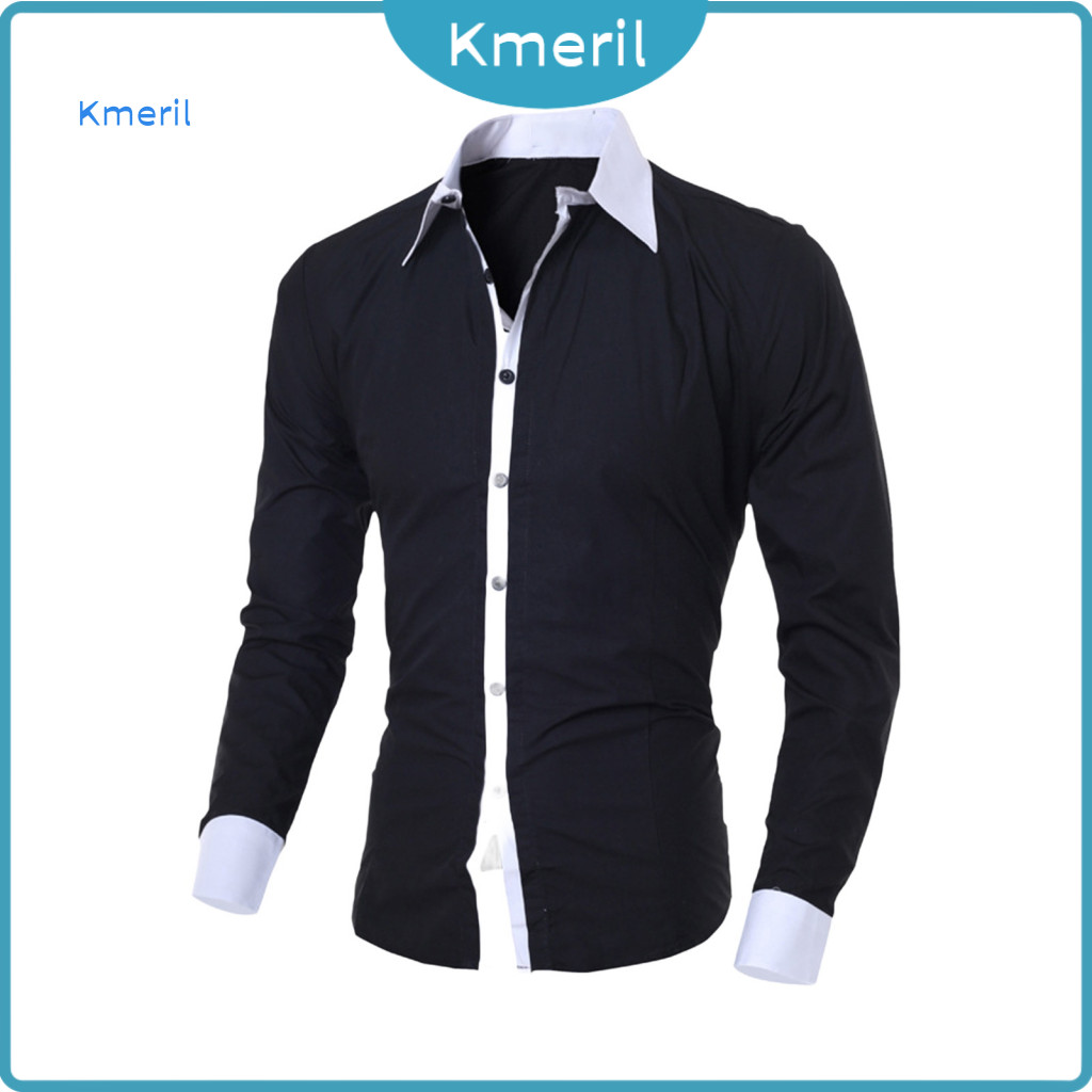 Camisa Masculina Com Gola De Lapela , Punho Enrolado , Slim Fit , Formal , Botão Único , Cardigã , Cor Contrastante , Longo S