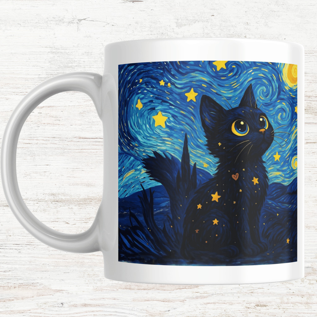Caneca Porcelana Gato Noite Estrelada — Estampa inspirada em Van Gogh | Presente para Amantes de Gatos e Arte em Oferta na Shopee