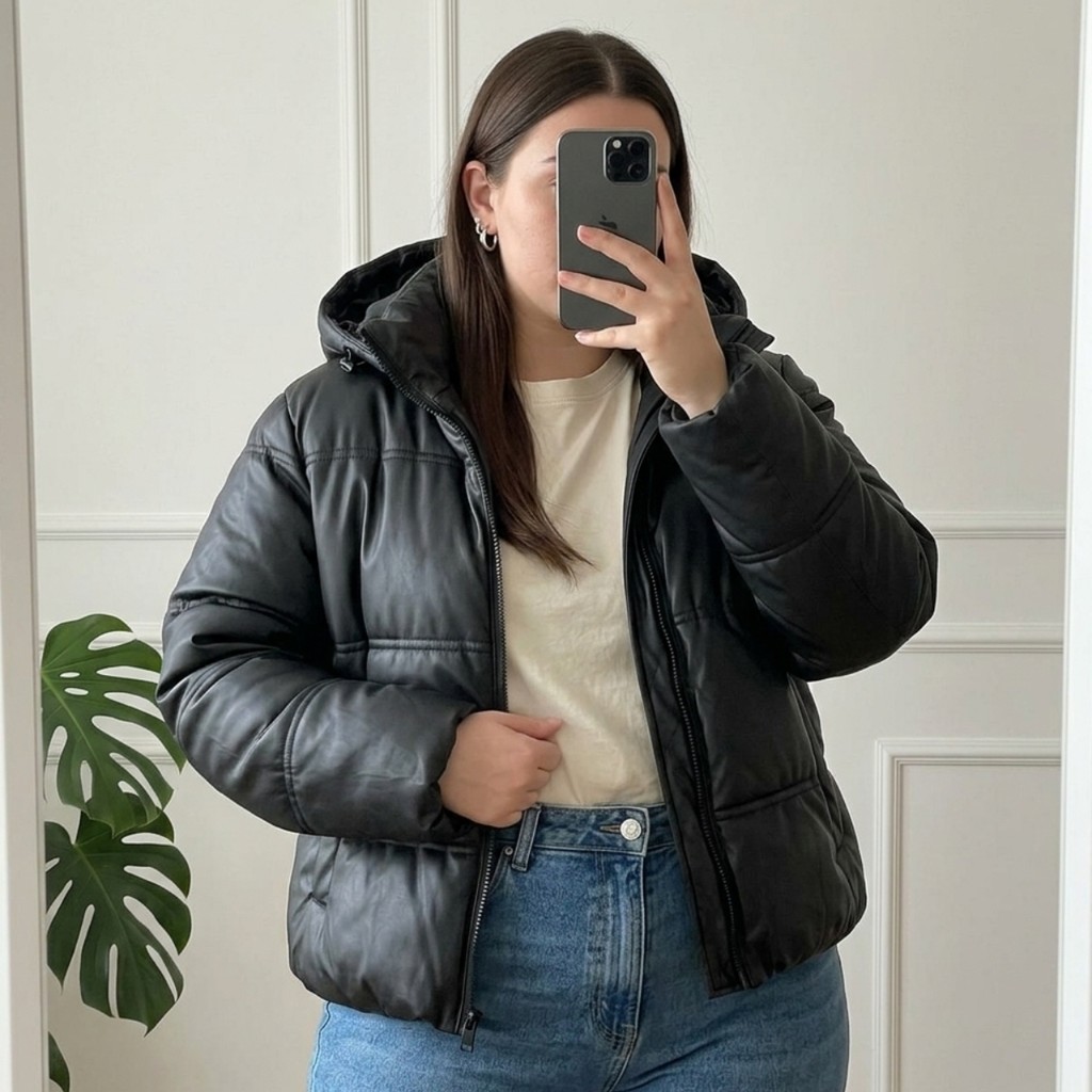 Jaqueta Puffer Feminina Bobojaco Couro PU Oversized Capuz Removível Premium Gominho