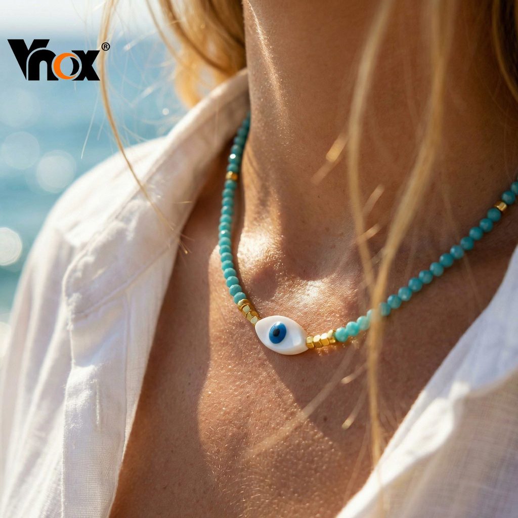 Vnox Evil Eye Crystal Y2k Frisado Colar Feito À Mão Bambu Oceano Gargantilha Para Meninas Adolescentes Mulher
