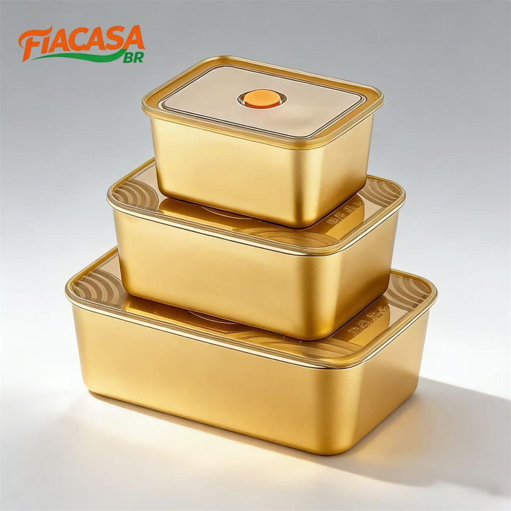 Potes Inox Dourado Hermético Kit 3 Tampa Quadrada Organizador Geladeira Conserva Alimentos Frutas Portátil