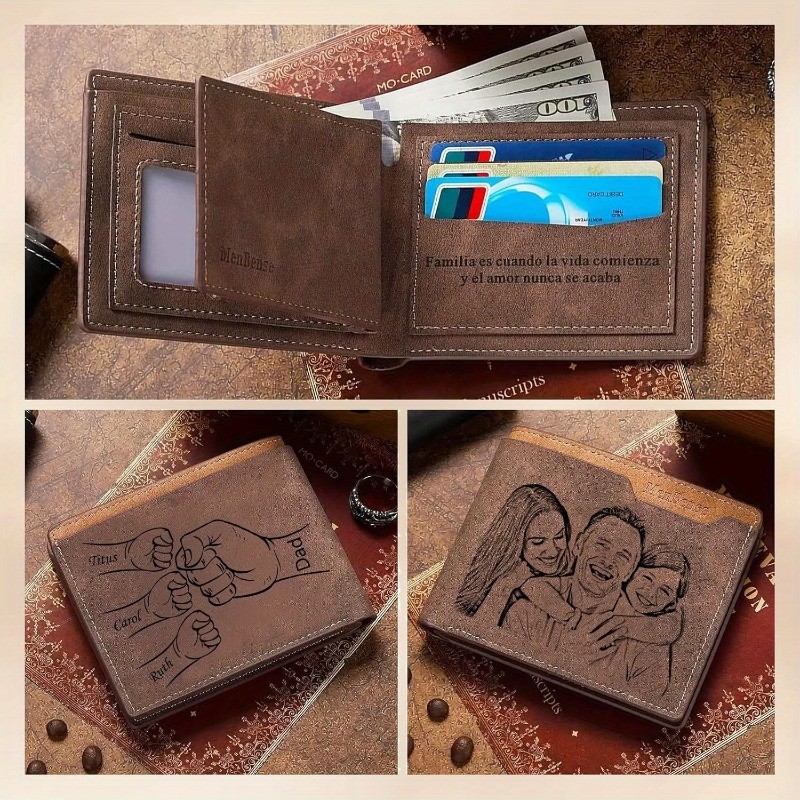 Carteira Casual Personalizada De Couro Fosco De Duas Cores , Presente Do Pai , Com Foto , Imagem Esculpida E Nome De Dia