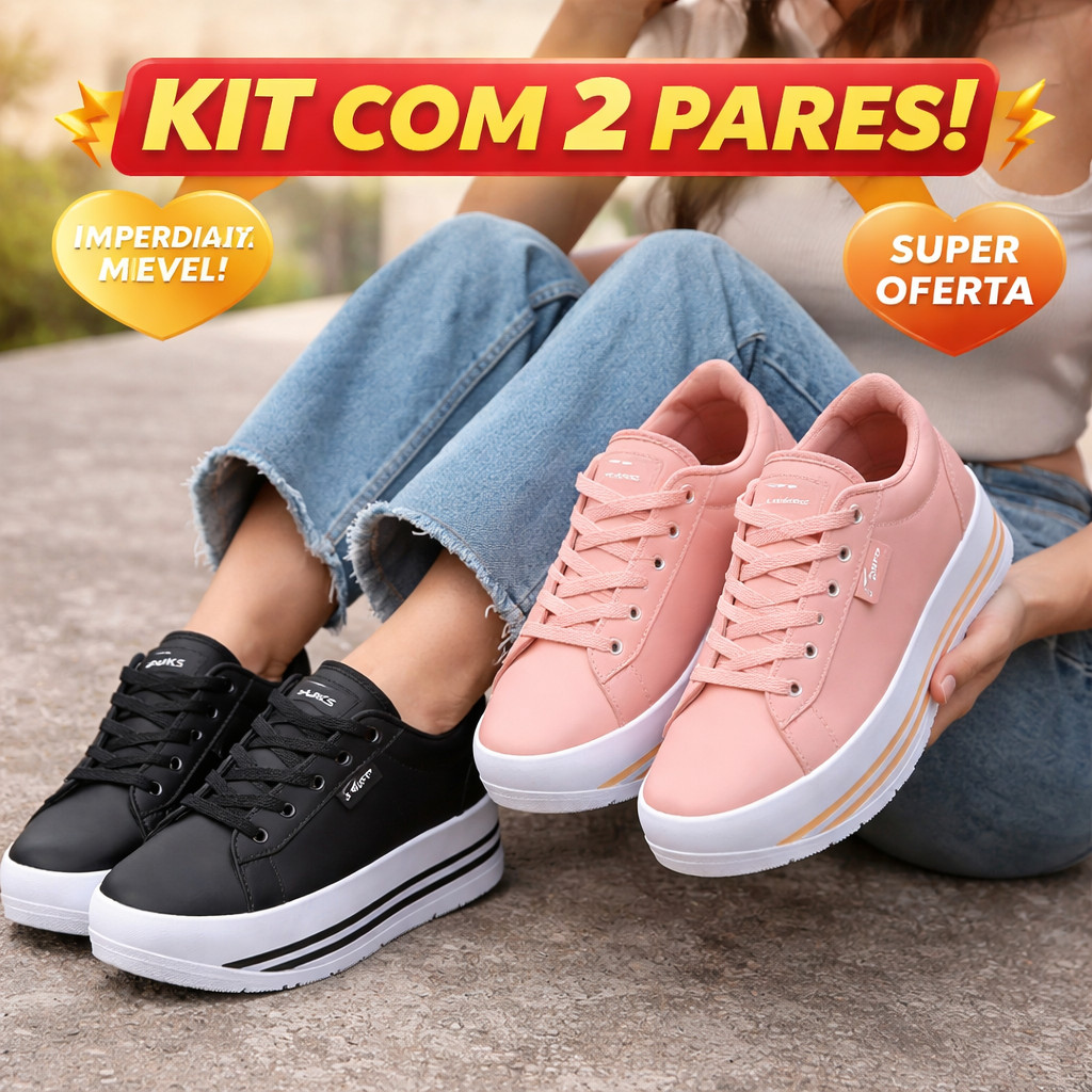Kit 2 Pares Tênis Feminino Plataforma Alto Conforto Casual Moda Leve Promoção