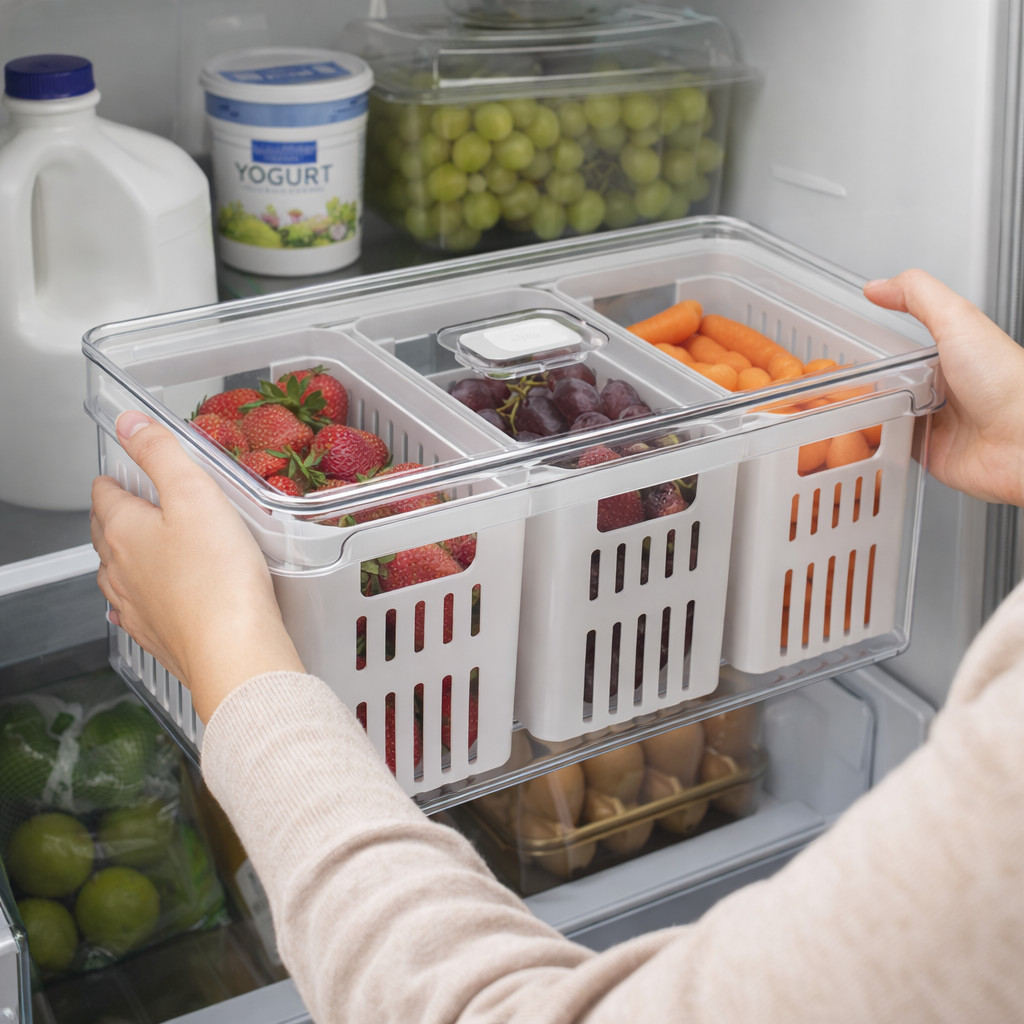 Organizador Geladeira 5L Acrílico Transparente Tampa Cesto Triplo Escorredor Frutas Legumes Casa Primo em Oferta na Shopee