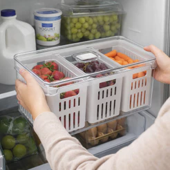 Organizador Geladeira 5L Acrílico Transparente Tampa Cesto Triplo Escorredor Frutas Legumes Casa Primo