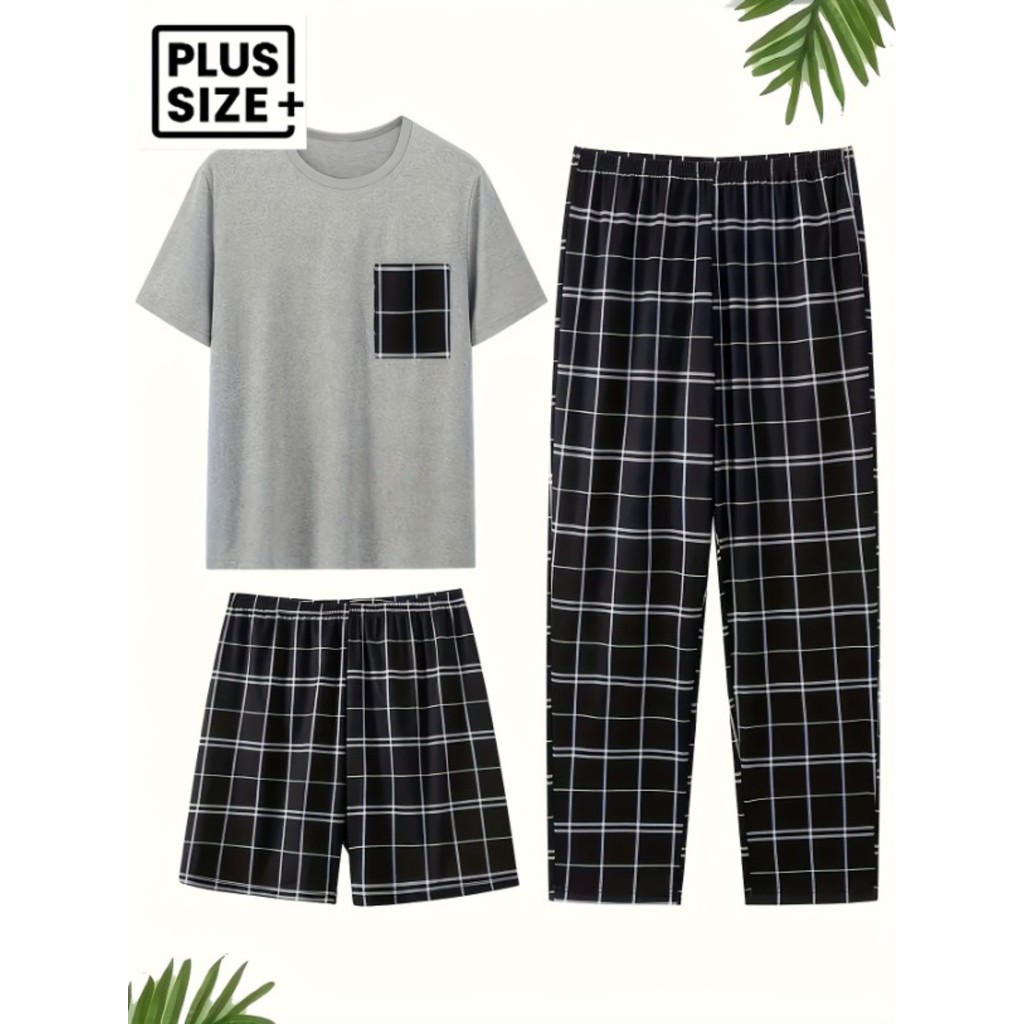 Imagem Masculino clássico xadrez de três peças de manga curta Shorts calças macias e confortáveis Loungewear