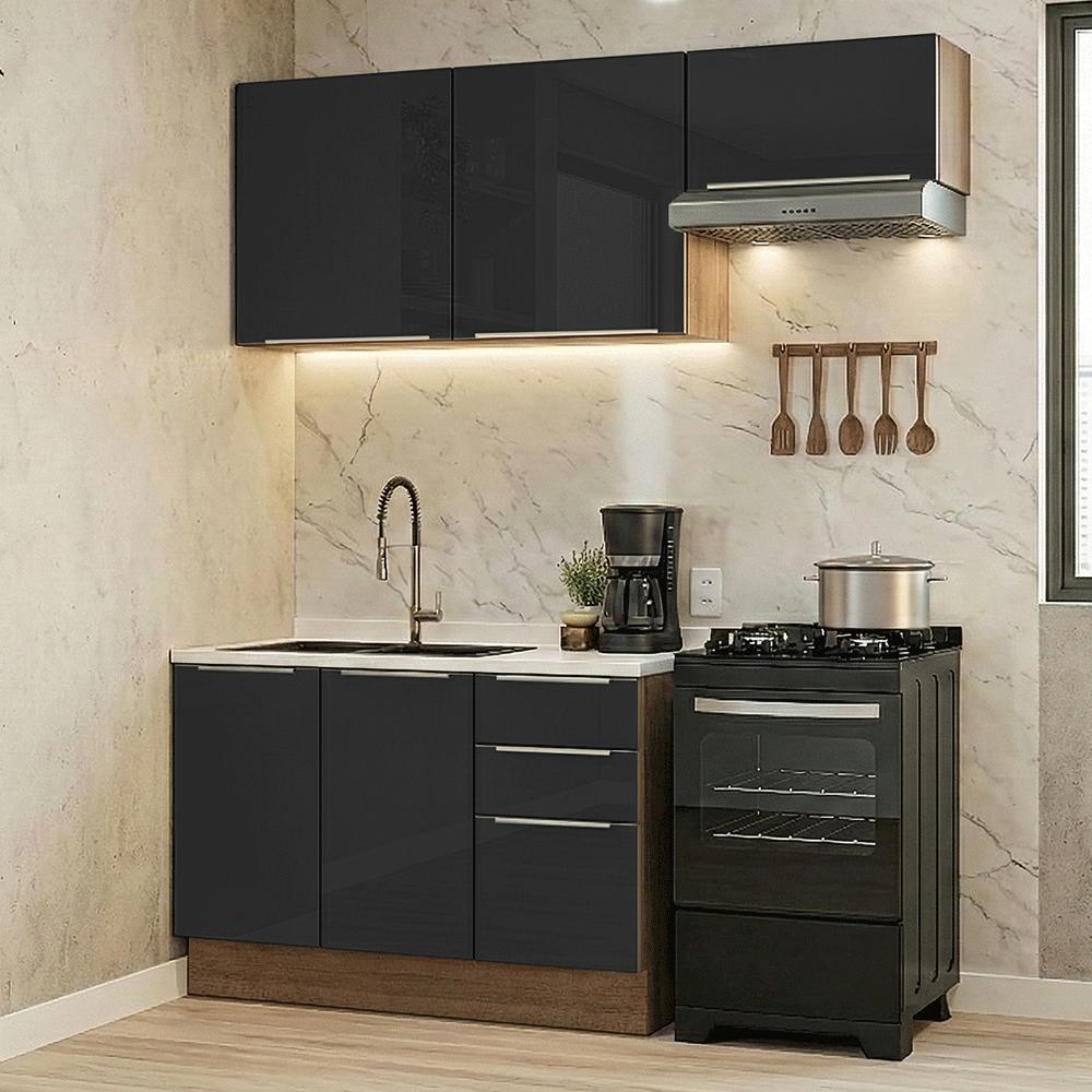Armário de Cozinha Compacta 180 cm Rustic/Preto Lux Madesa 03