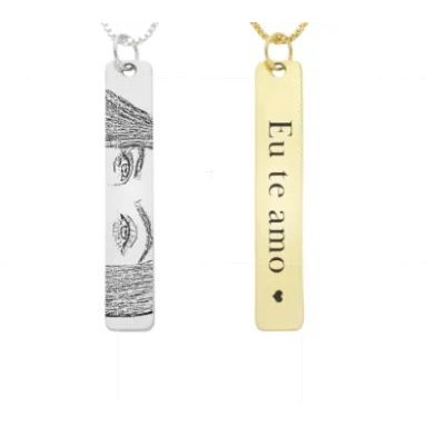 Colar Medalha Retangular Personalizado à Laser - Personalize Como Quiser - Prata ou Banhado a Ouro
