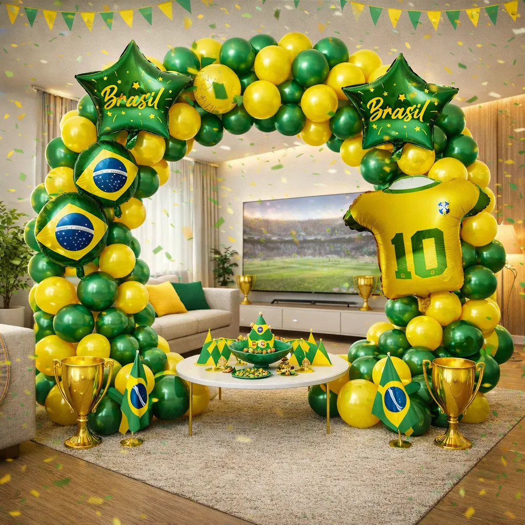 Kit 110 Balões Temático Para Copa Do Mundo 2026 Bexiga Estrela Camisa Brasil Arco Desconstruído+Fita