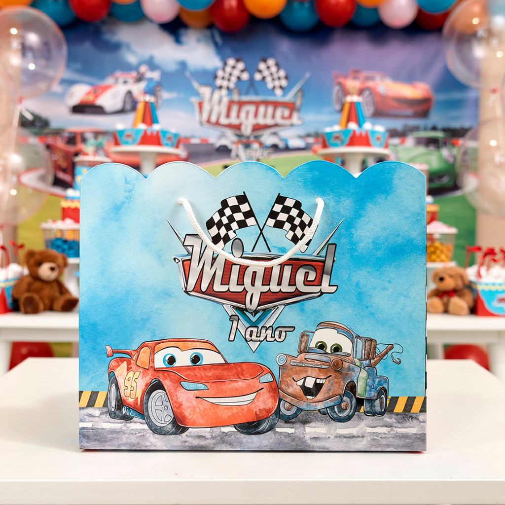 Sacolinha Grande Carros Aquarela - Personalizada Festa Aniversário Infantil - Lembrancinha