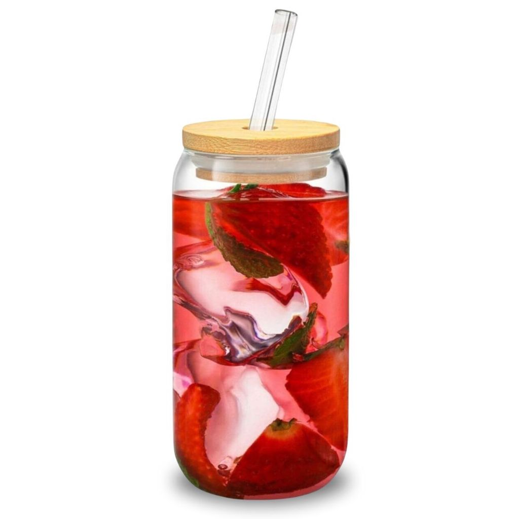 Copo Lata Alto 570ml Com Tampa Bambu E Canudo Vidro Para Bebidas Ecológicas