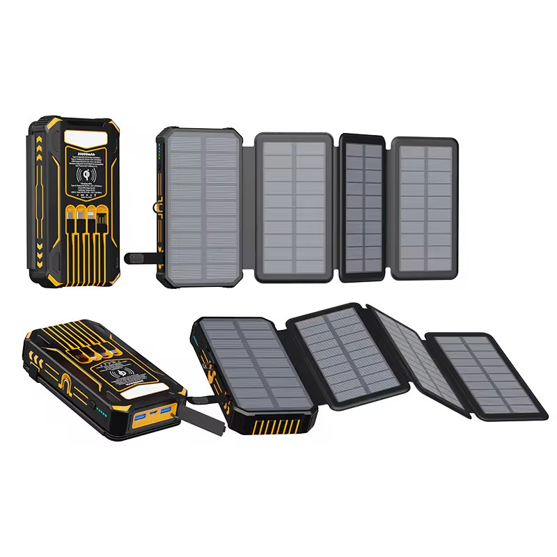 Carregador Solar Portátil , 20000mAh Sem Fio com 4 Cabos e 4 Painéis Solares Integrados,Ideal para Camping e Viagens