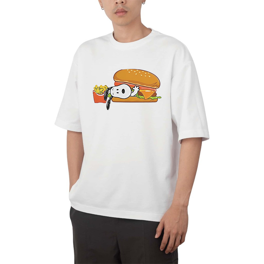 2026 Camiseta Masculino Oversized Boneco Snoopy Hamburguer Batata Frita Streetwear Casual