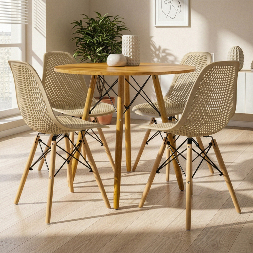 Mesa Eiffel Redonda Freijó 70 Cm MDF + 4 Cadeiras Eloá