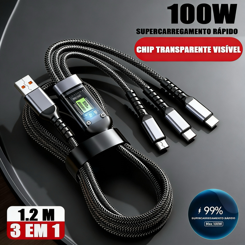 100W Carregamento Super Rápido Transparente Luminoso 3 Em 1 Micro USB Tipo C IOS Cabos Trançados Anti-Quebra Agradável