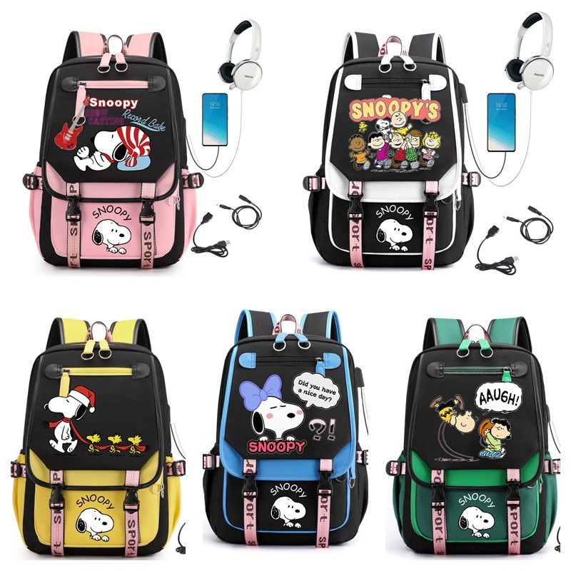 Mochila Snoopy Coreana para Mulheres, Mochila Escolar para Laptop, Viagem para Estudantes Masculinos (Interface USB e Fo